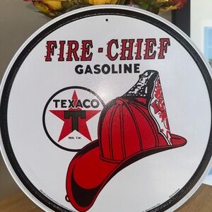 Texaco Fire-Chief Gasoline Round Metal Sign - Red & Black